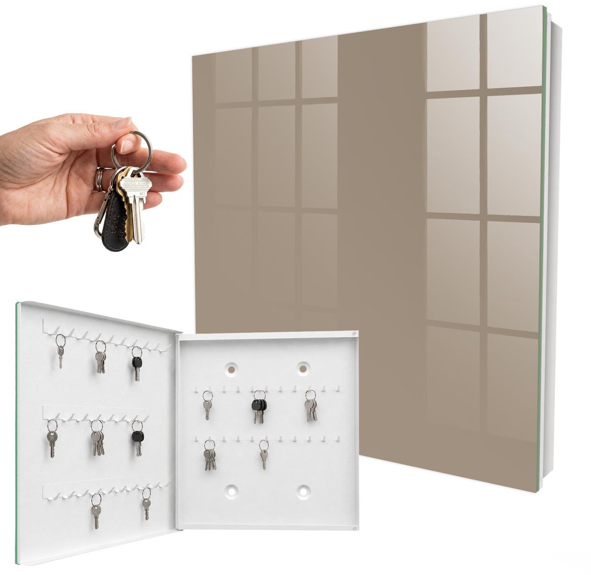 WallMuralia - Sleutelkast - 30x30x5 cm - met 50 haken - Lichtbruin Sleutelkastje Klein - Bruin Sleutelbox - Linksopenend - Wit interieur