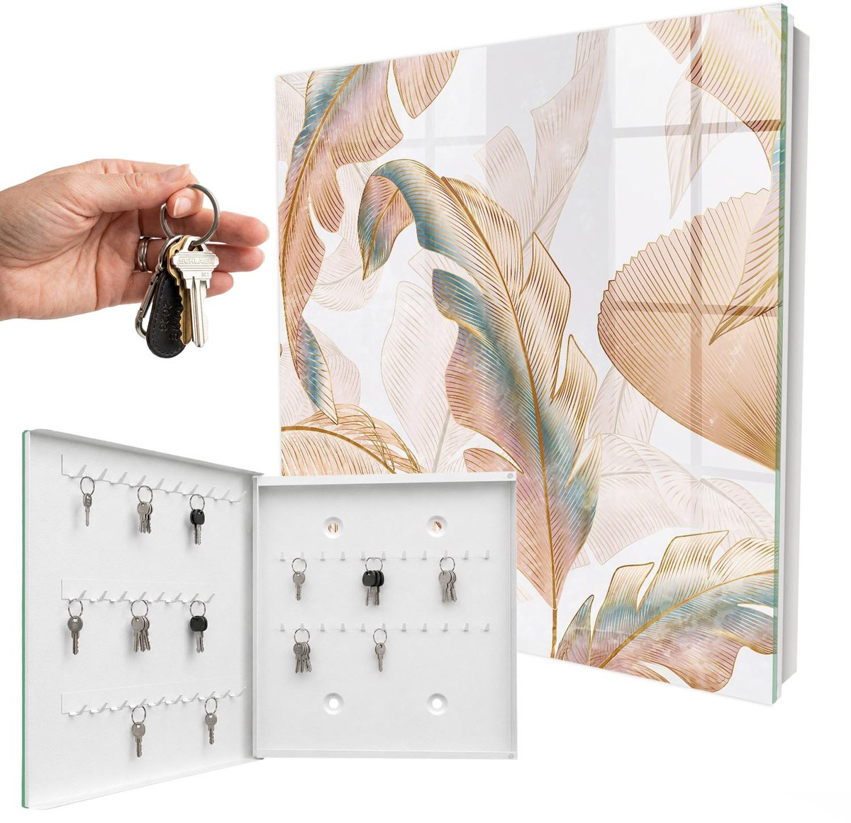 WallMuralia - Sleutelkast - 30x30x5 cm - met 50 haken - Tere Bladeren Sleutelkastje - Beige Sleutelbox - Linksopenend - Wit interieur