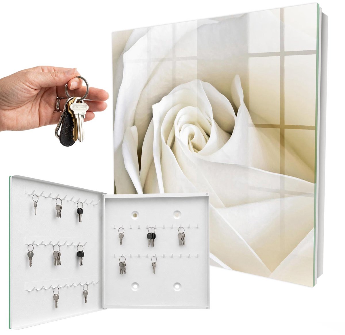 WallMuralia - Sleutelkast - 30x30x5 cm - met 50 haken - Witte Roos Sleutelkastje Design - Wit Sleutelbox - Linksopenend - Wit interieur