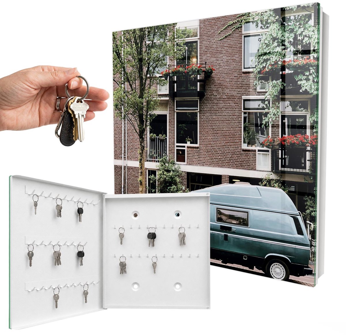 WallMuralia - Sleutelkast - 30x30x5 cm - met 50 haken - Stadslandschap Sleutelkastje Binnen - Bruin Sleutelbox - Linksopenend - Wit interieur