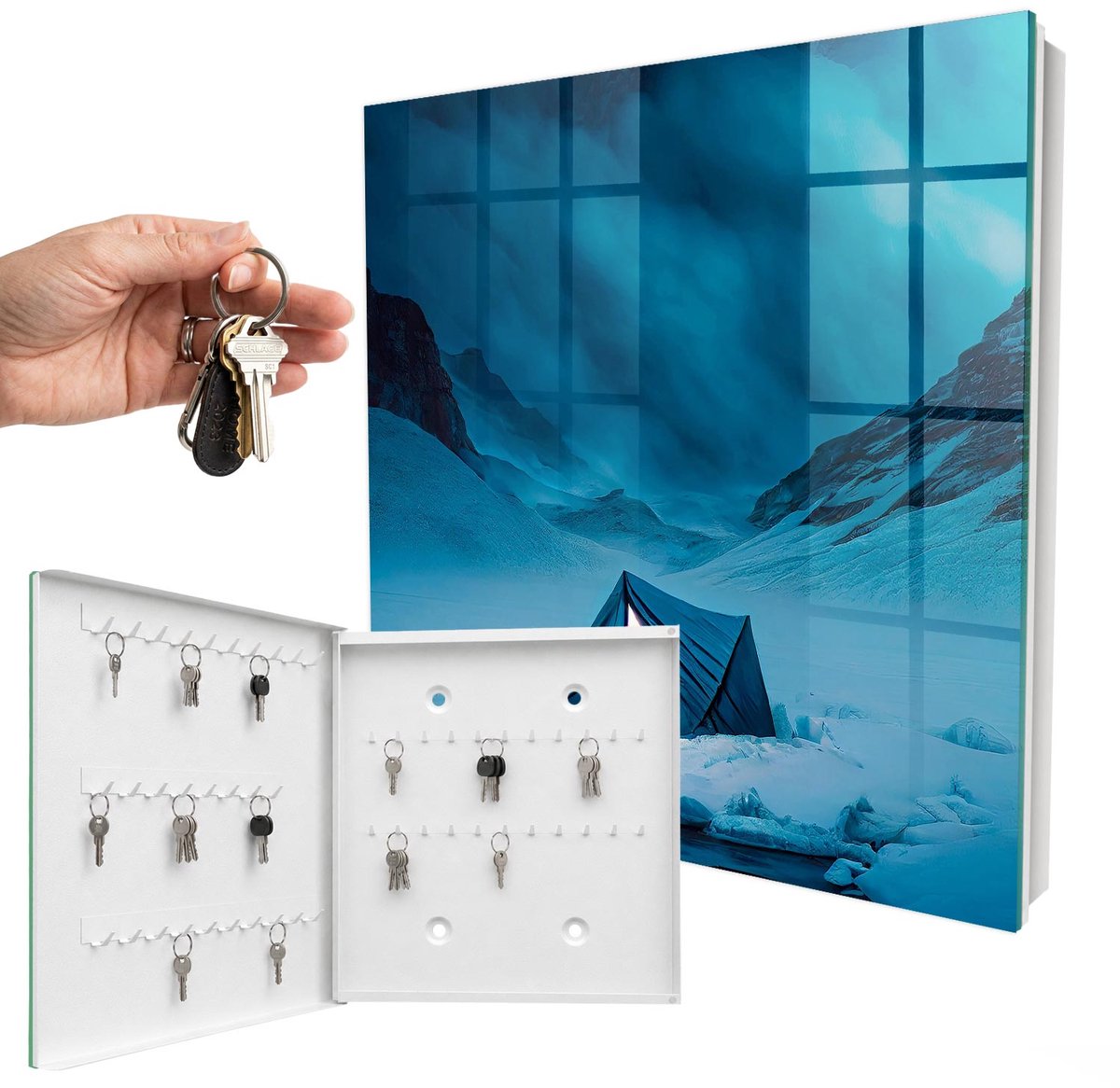 WallMuralia - Sleutelkast - 30x30x5 cm - met 50 haken - Blauwe Nacht Sleutelkastje - Blauw Sleutelbox - Linksopenend - Wit interieur