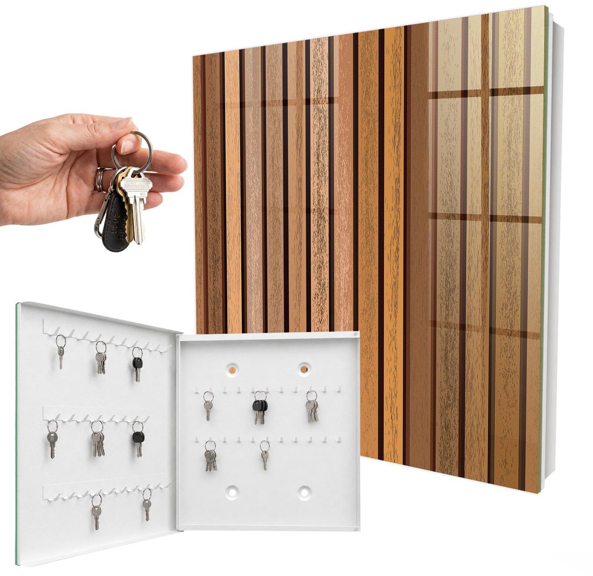 WallMuralia - Sleutelkast - 30x30x5 cm - met 50 haken - Warme Lijnen Leuk Sleutelkastje - Bruin Sleutelbox - Linksopenend - Wit interieur