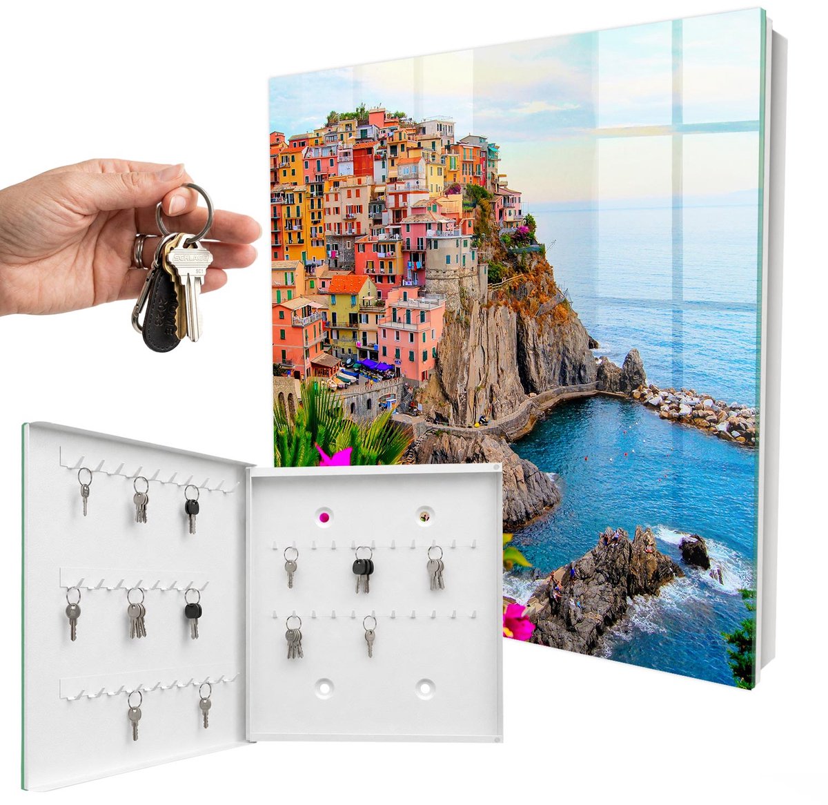 WallMuralia - Sleutelkast - 30x30x5 cm - met 50 haken - Kleurrijke Baai Sleutelkastje Hal - Blauw Sleutelbox - Linksopenend - Wit interieur