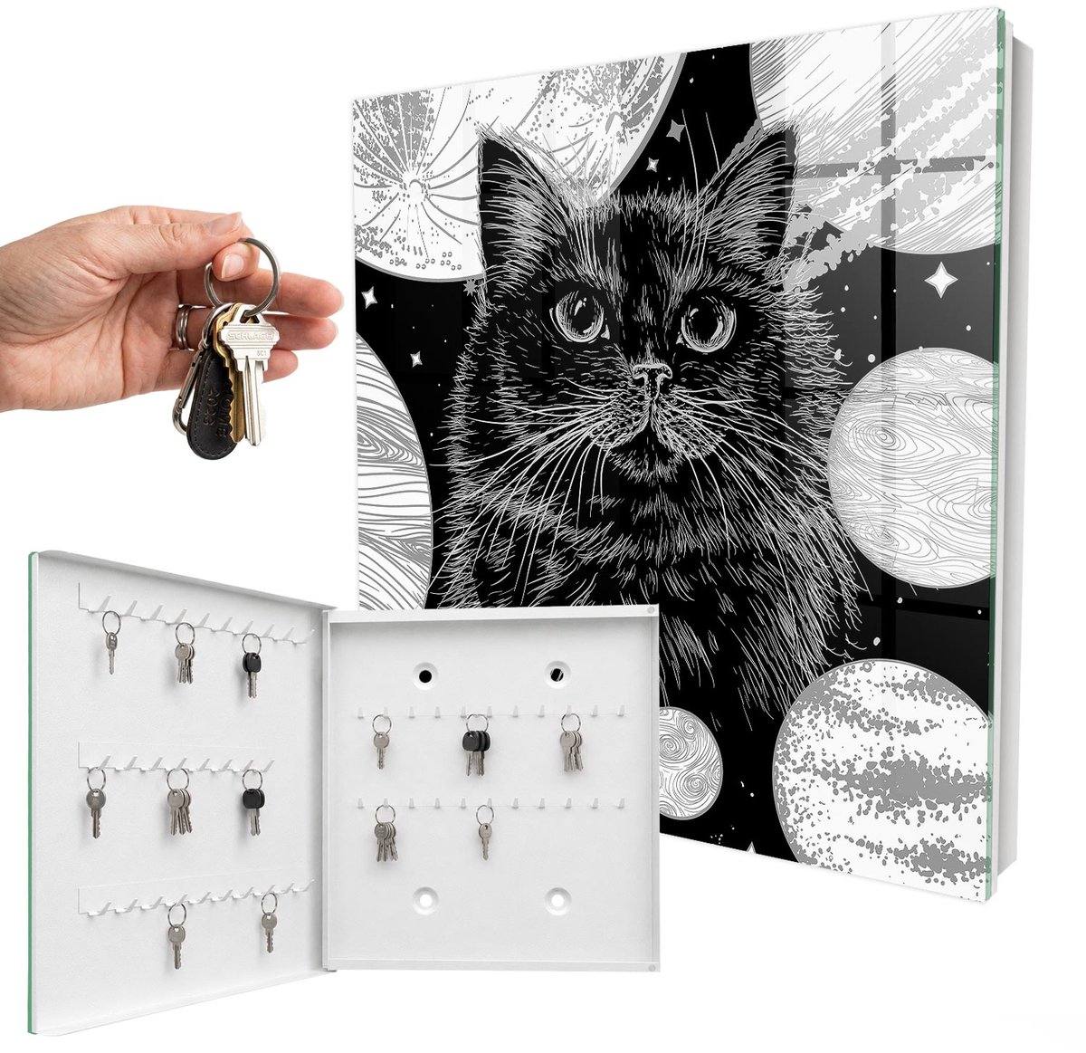 WallMuralia - Sleutelkast - 30x30x5 cm - met 50 haken - Ruimtekat Sleutelkastje Huis - Zwart Sleutelbox - Linksopenend - Wit interieur