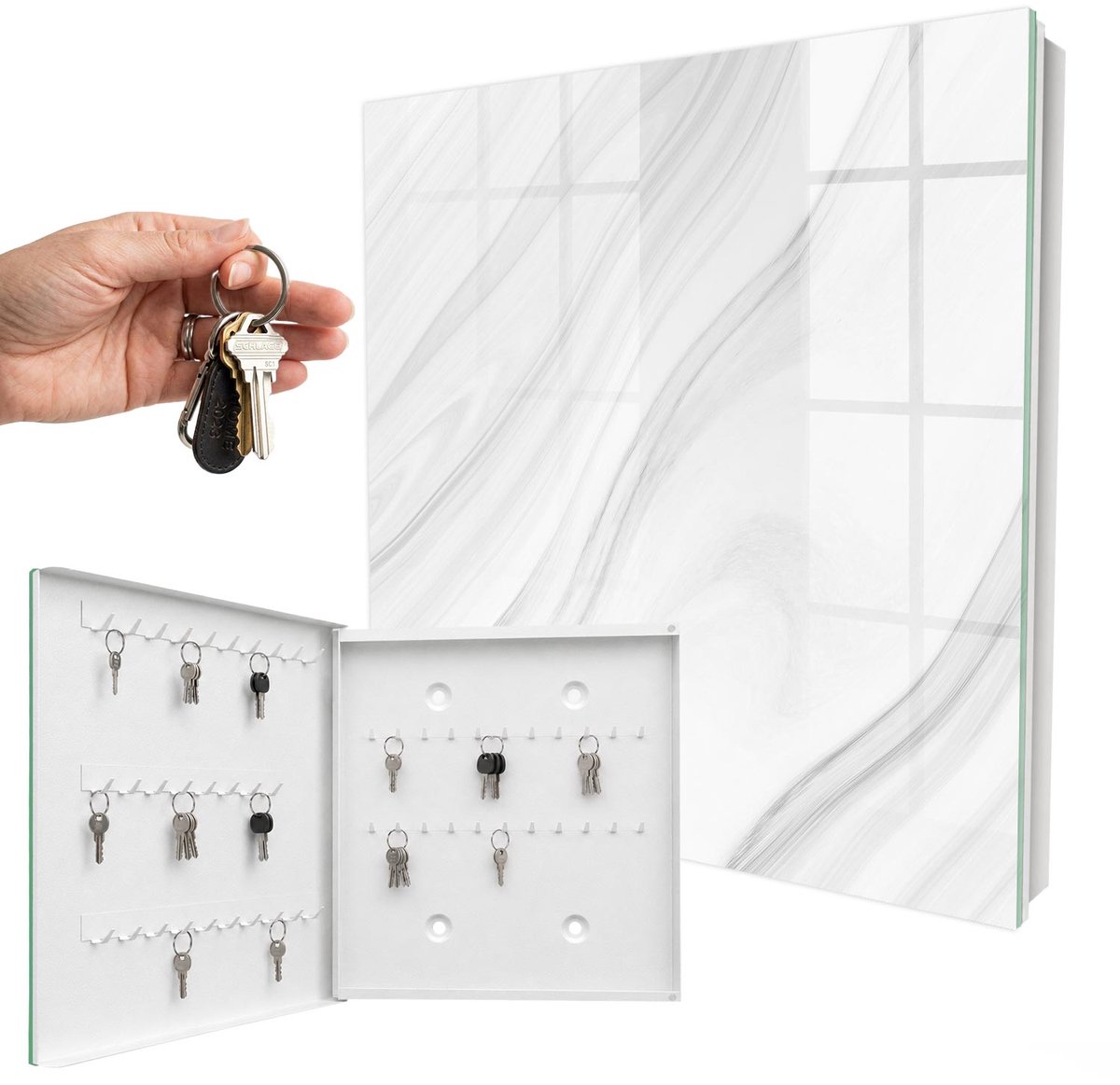 WallMuralia - Sleutelkast - 30x30x5 cm - met 50 haken - Golven Van Elegantie Sleutelkastje Binnen - Wit Sleutelbox - Linksopenend - Wit interieur