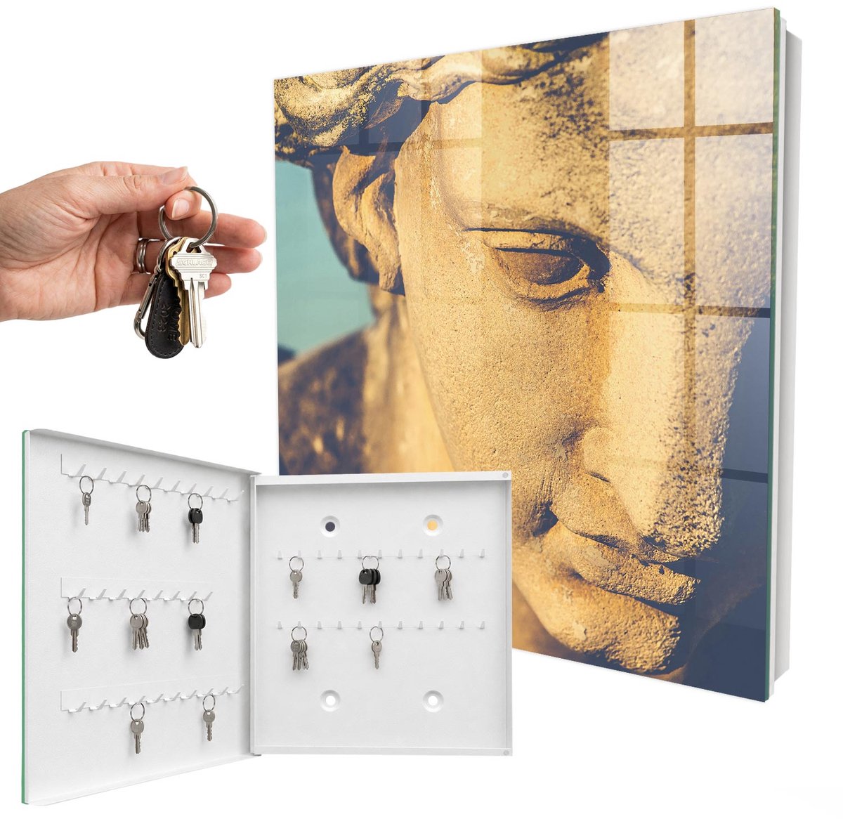 WallMuralia - Sleutelkast - 30x30x5 cm - met 50 haken - Stille Elegantie Sleutelkastje Modern - Geel Sleutelbox - Linksopenend - Wit interieur