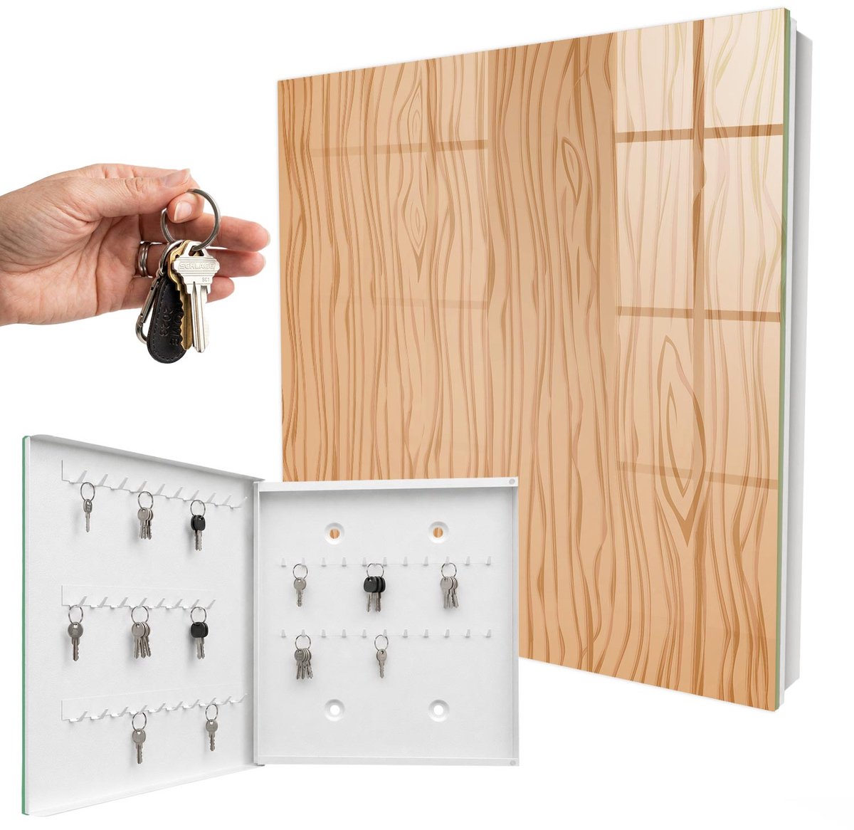 WallMuralia - Sleutelkast - 30x30x5 cm - met 50 haken - Houtstructuur Sleutelkastje - Bruin Sleutelbox - Linksopenend - Wit interieur