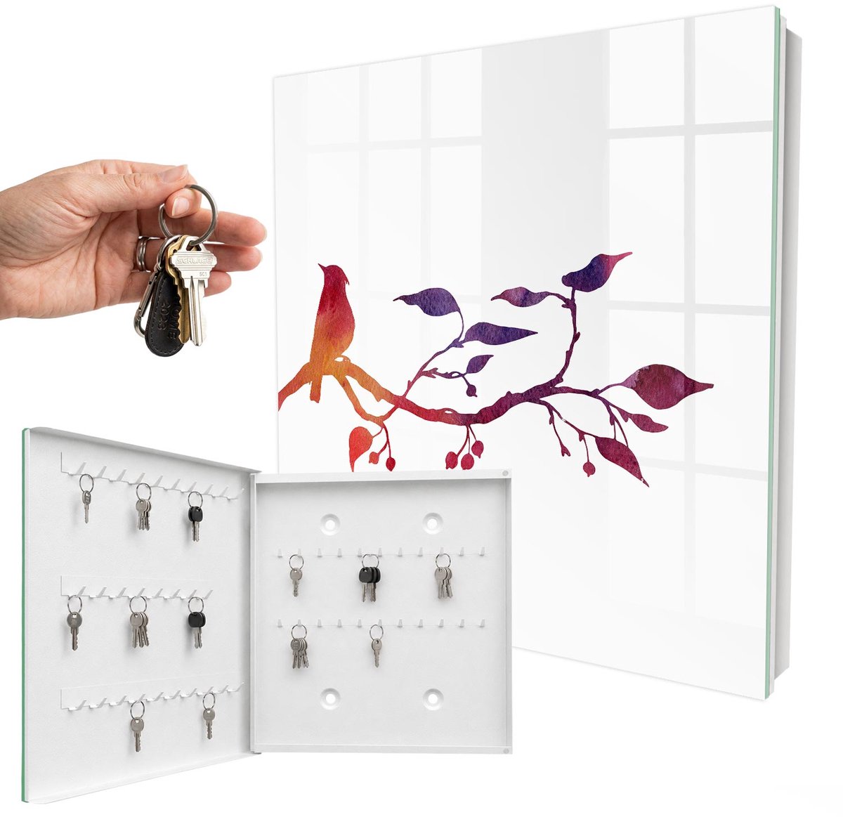 WallMuralia - Sleutelkast - 30x30x5 cm - met 50 haken - Een Tak Met Een Vogel Sleutelkastje Binnen - Rood Sleutelbox - Linksopenend - Wit interieur