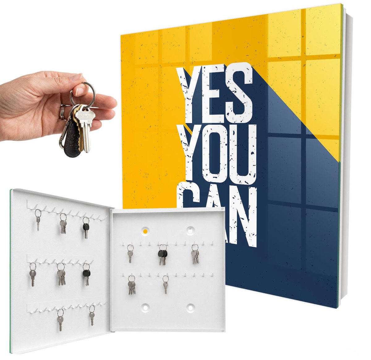 WallMuralia - Sleutelkast - 30x30x5 cm - met 50 haken - Ja, Dat Kan. Sleutelkastje Voor Binnen - Geel Sleutelbox - Linksopenend - Wit interieur