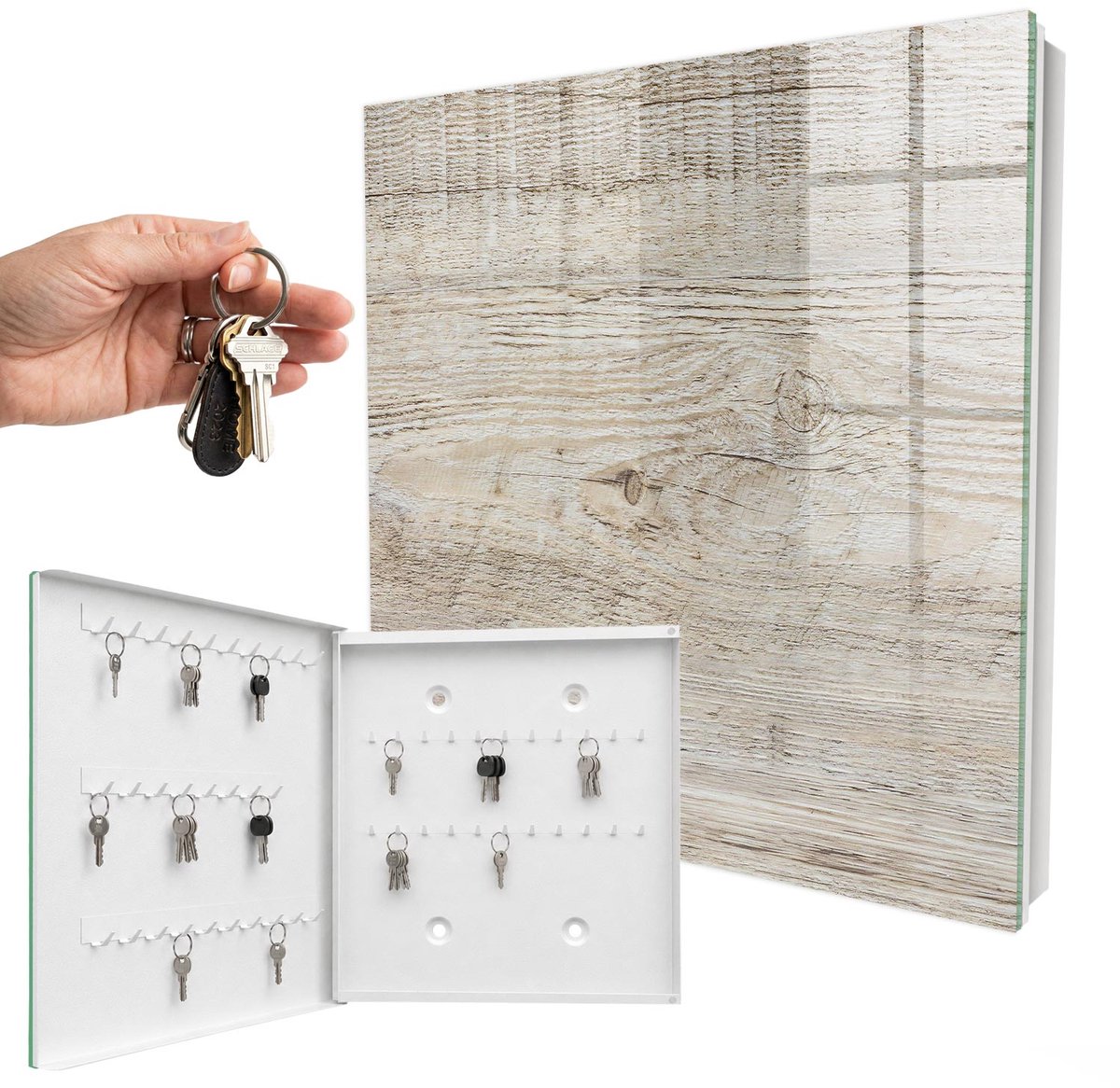WallMuralia - Sleutelkast - 30x30x5 cm - met 50 haken - Houtstructuur Sleutelkastje Industrieel - Beige Sleutelbox - Linksopenend - Wit interieur