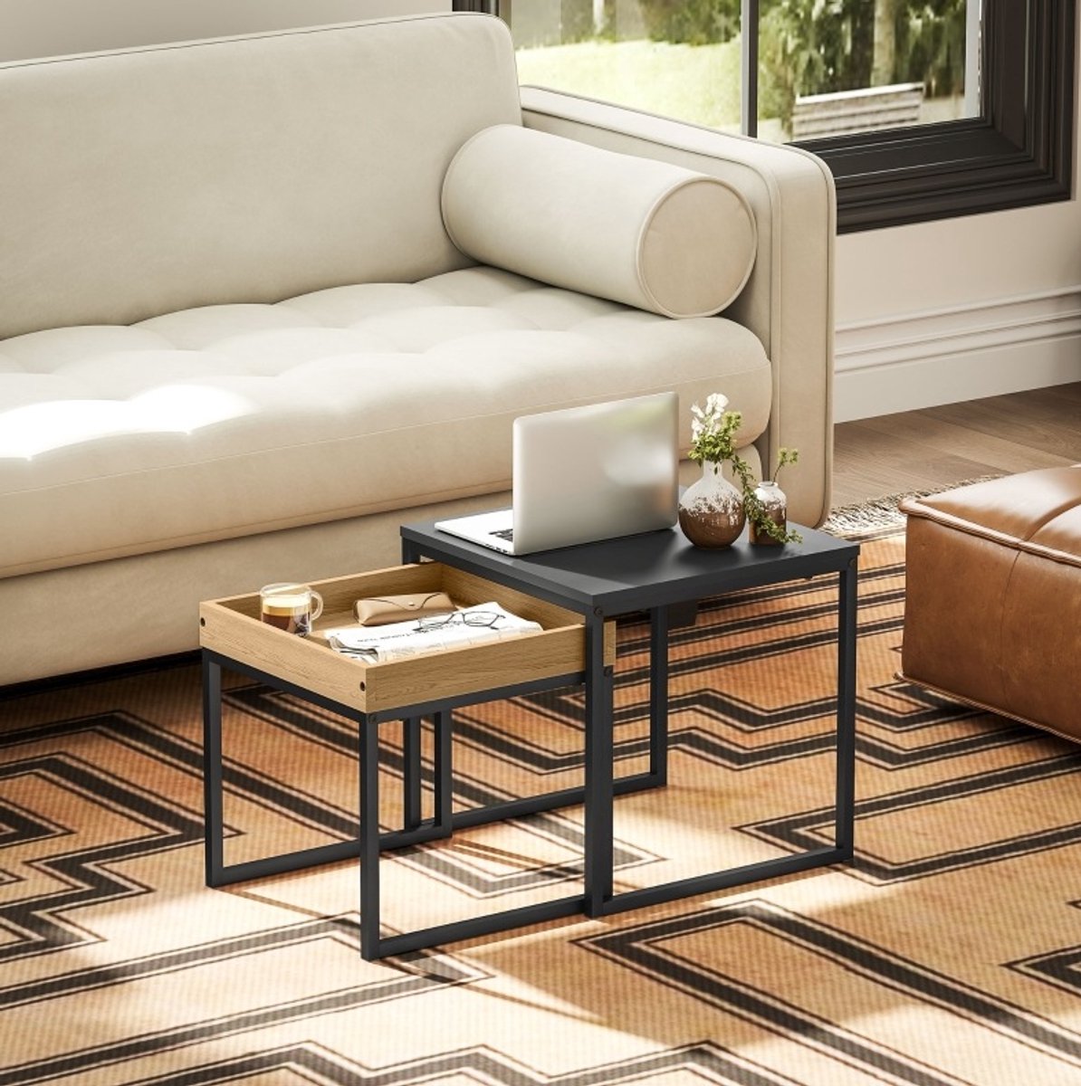 MIVRAY Salontafel Set - Modern 2 Delig Vierkant Met U Vormig Stalen Frame En Afneembaar Dienblad Voor Woonkamer - Zwart