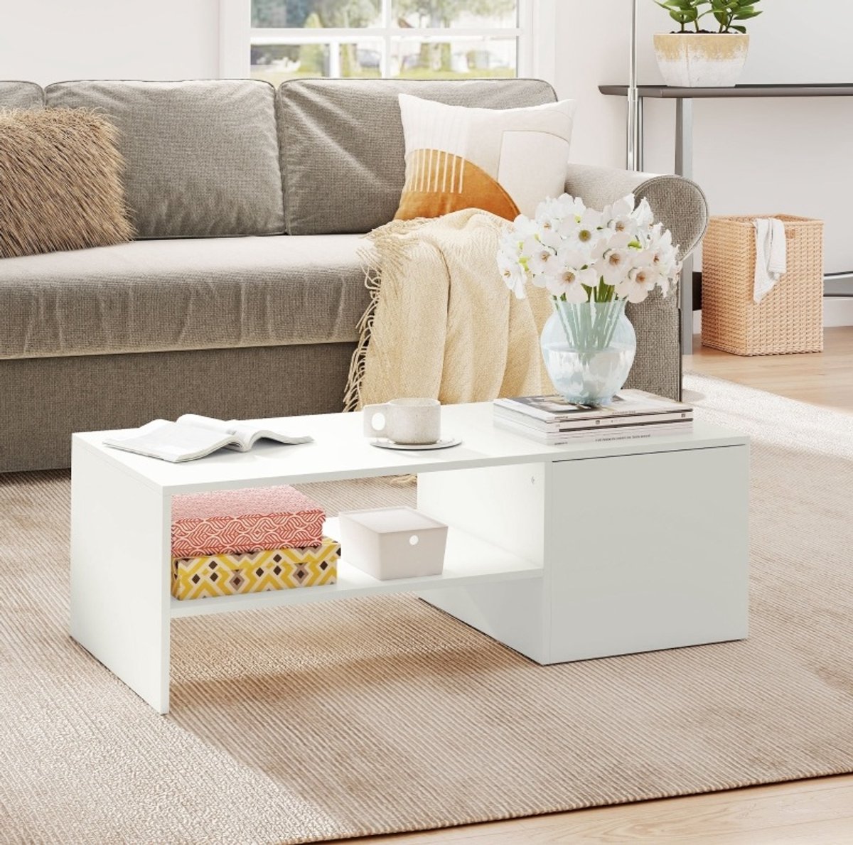 MIVRAY Salontafel - Schuifbaar Met Opbergvak En Open Vak - Modern Voor Woonkamer - Wit Spaanplaat Met Melamine Afwerking - 110 X 52 X 36 Cm