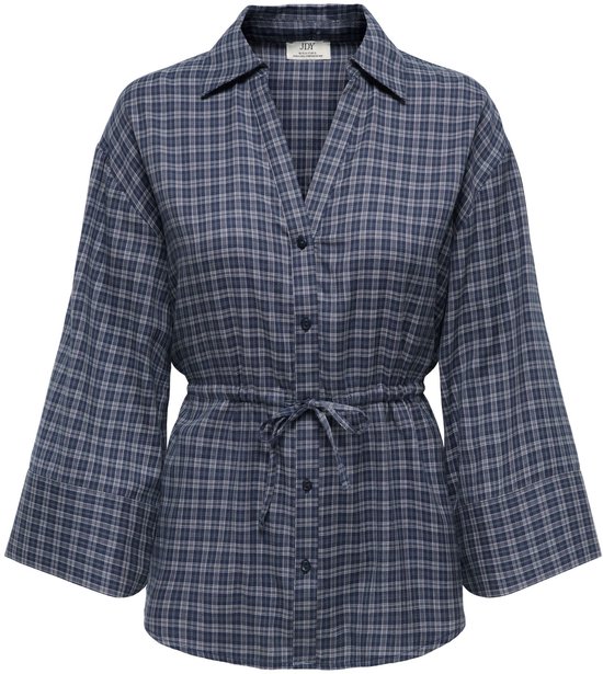 Blauw geruit overhemd met strikceintuur en wijde mouwen, met V-hals.