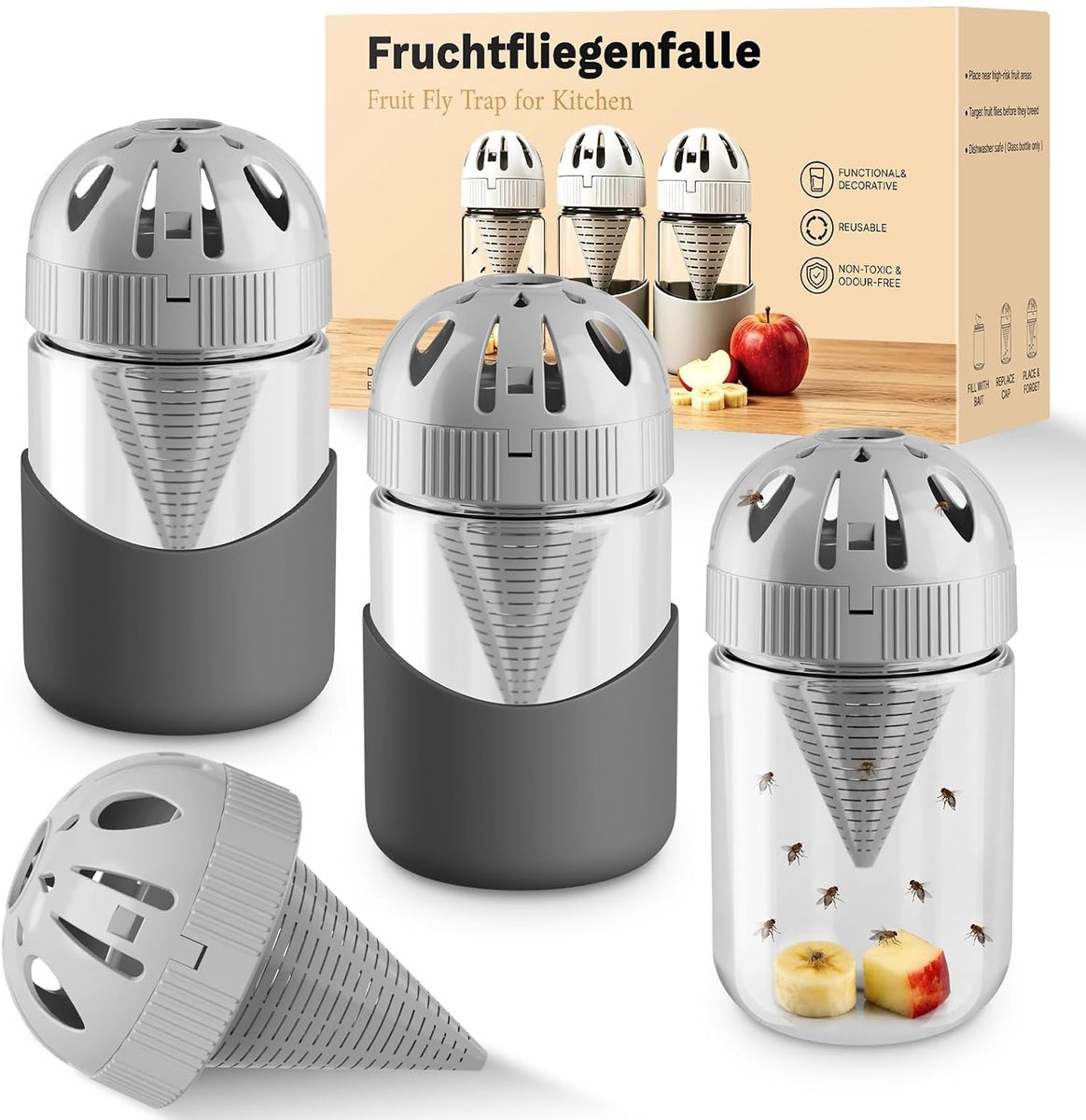 Set van 3, Fruitvliegenval voor Keuken, Herbruikbaar, Glas, Decoratieve Fruitvliegenlokpotje, Levende val voor permanent Losraken van Vervelende Fruitvliegen