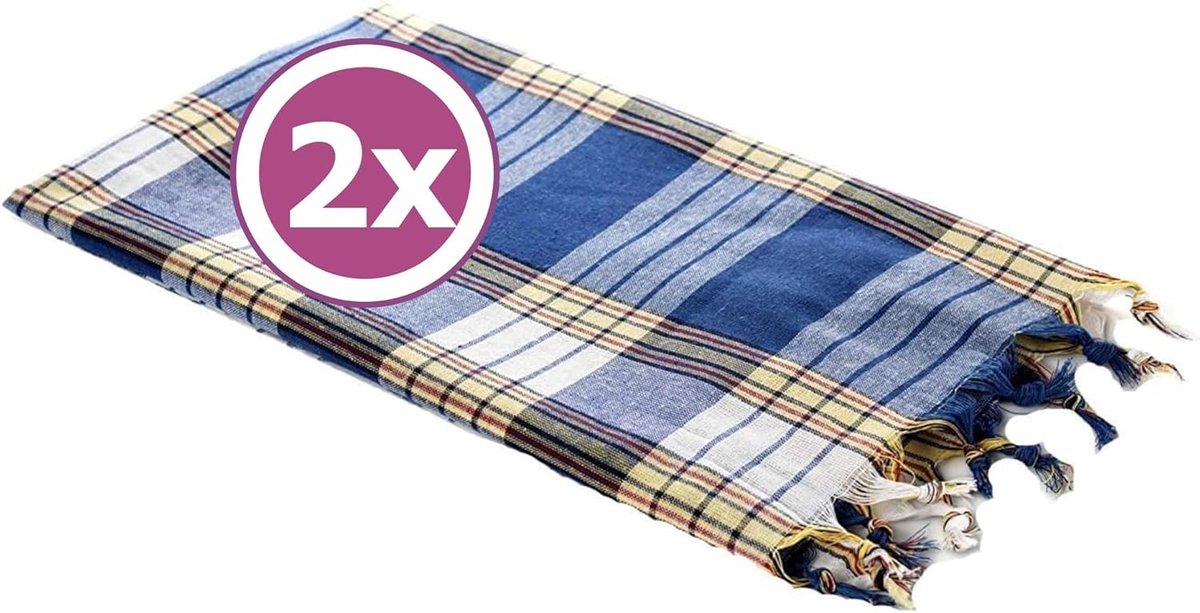 Hamamdoek Classic 2-delige set 80 x 170 cm I Hamamhanddoeken 100% katoen blauw geruit I 2x absorberend en sneldrogend pestemal zwart geruit I compacte hamam strandhanddoek/saunahanddoek