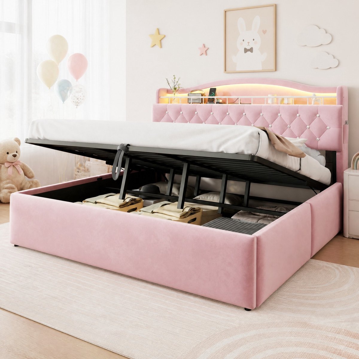 MIVRAY Bed 180x200cm Zonder Matras - Gestoffeerd Bed Met Hydraulische Opbergruimte En Hoofdbord Led - Oplaadpoorten - Samtlook - Roze