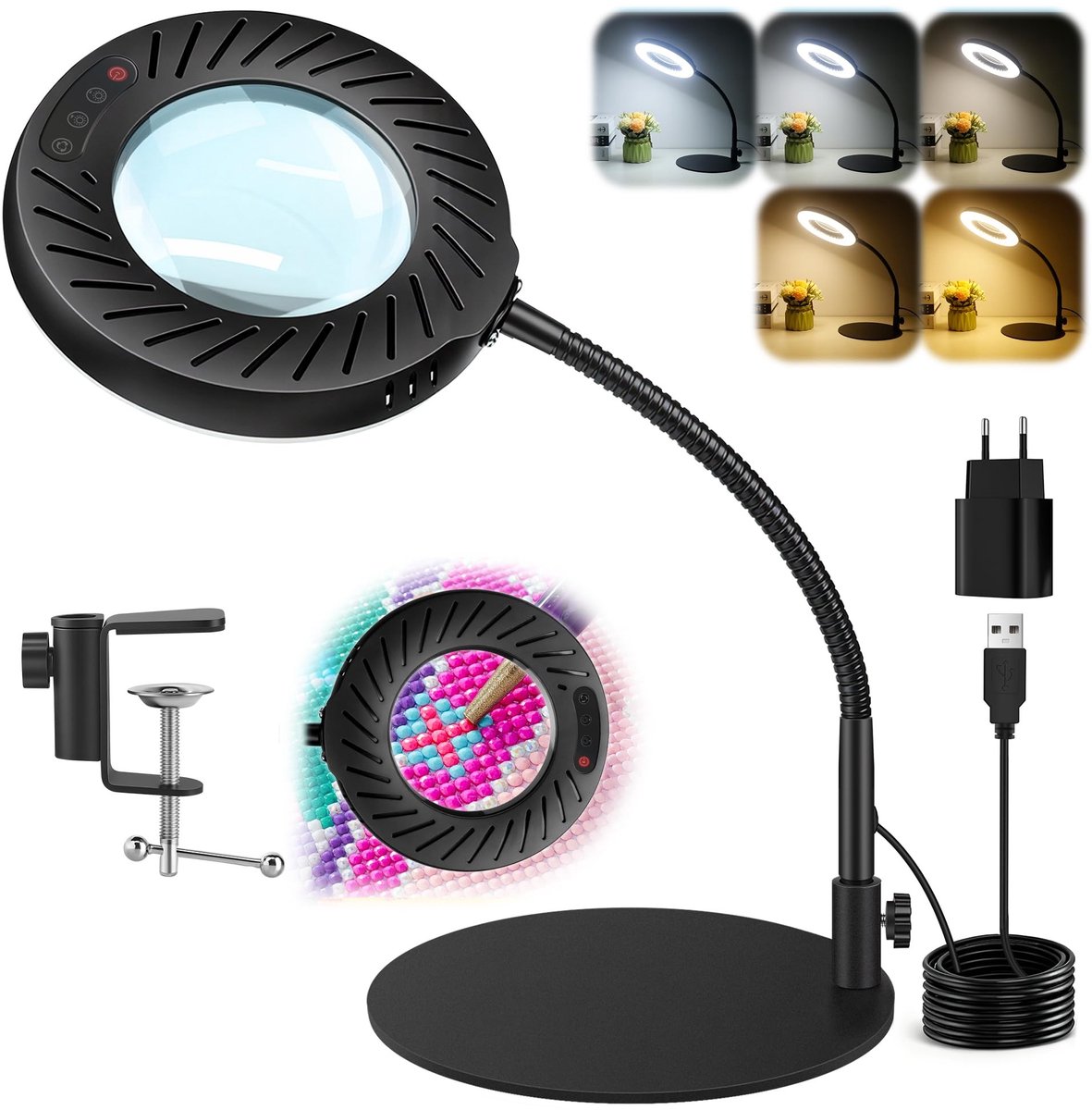 Omgoods - 12x Vergrootglas met Licht en Stand - LED Magnifier voor Handwerken en Hobby's in Zwart