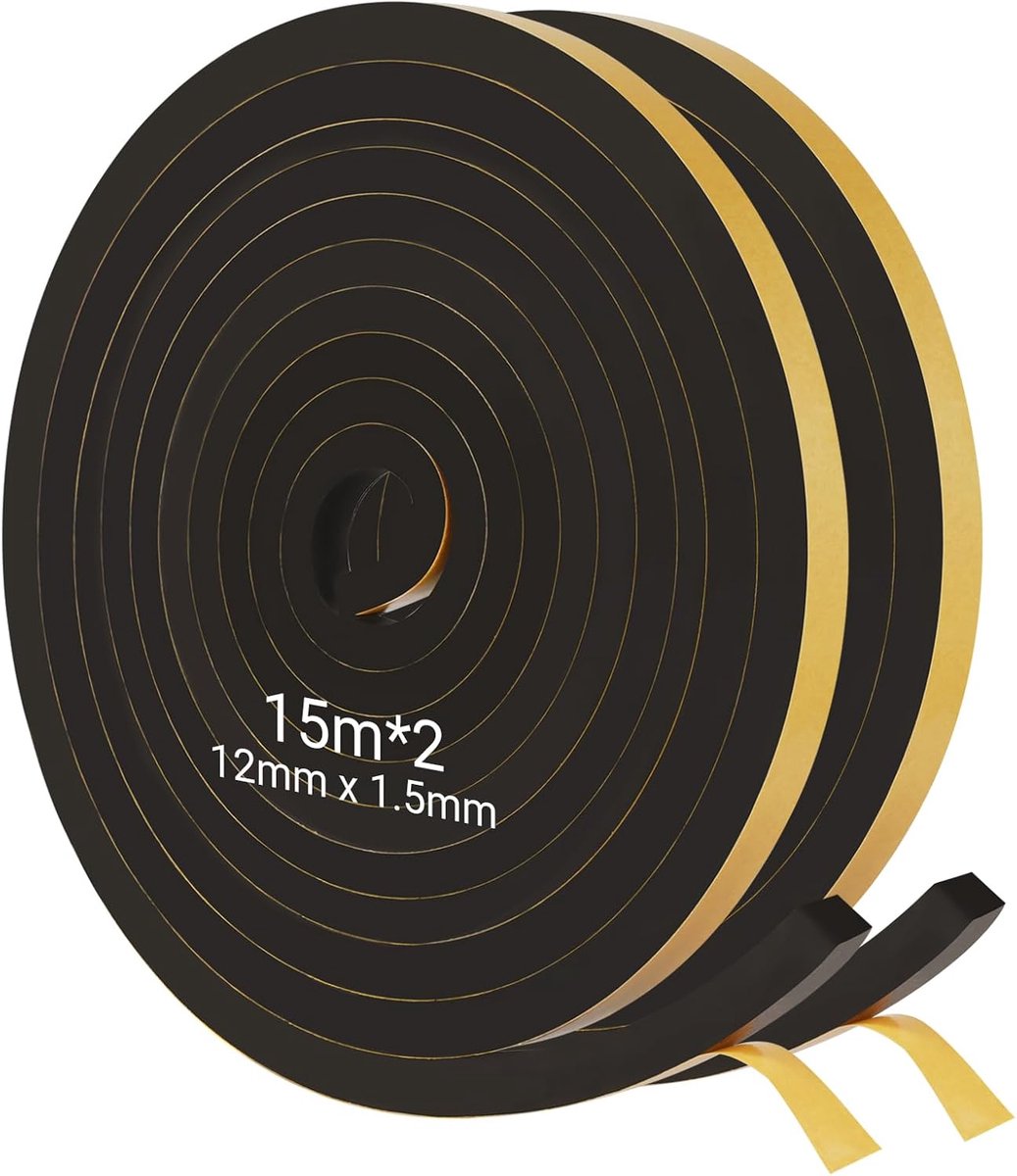 2 rollen 15 m afdichtingstape, zelfklevend, zwart, schuimrubber, zelfklevend, 12 mm x 1,5 mm, schuimrubberen afdichting, zelfklevend voor oude deuren, huisdeur, raamafdichting