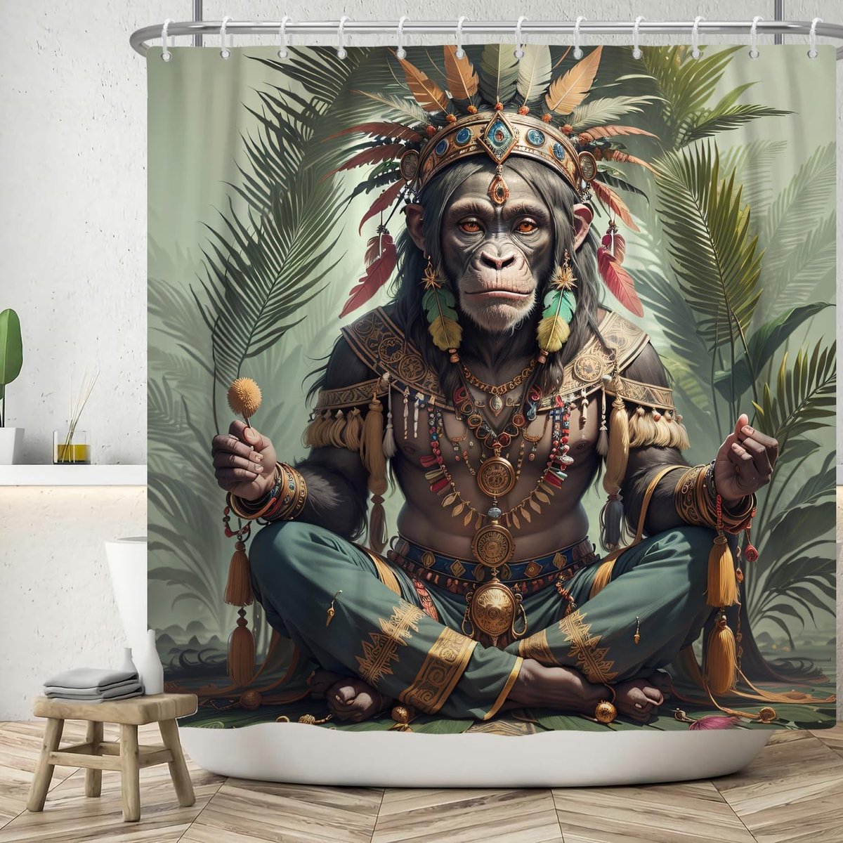 Omgoods - Handgeschilderd Douchegordijn 180x200 cm met Gorilla en Palmen