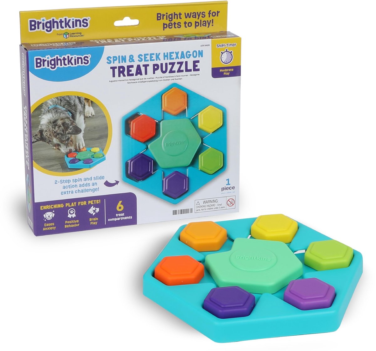 Omgoods - Brightkins Spin & Seek Hexagon Treat Puzzle - Interactief Hondenspeelgoed voor Langzame Voerdistributie