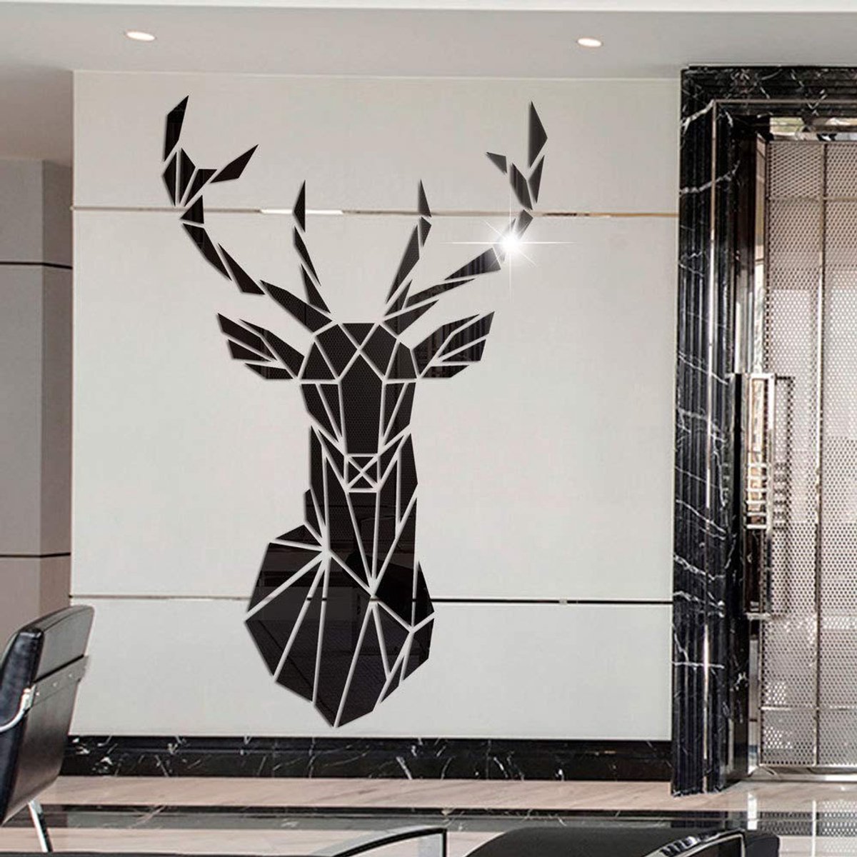 Omgoods - Acryl Cartoon Hert Hoofd Spiegel Wandstickers - 3D Wanddecoratie voor Woonkamer en Slaapkamer (Zwart, XL)