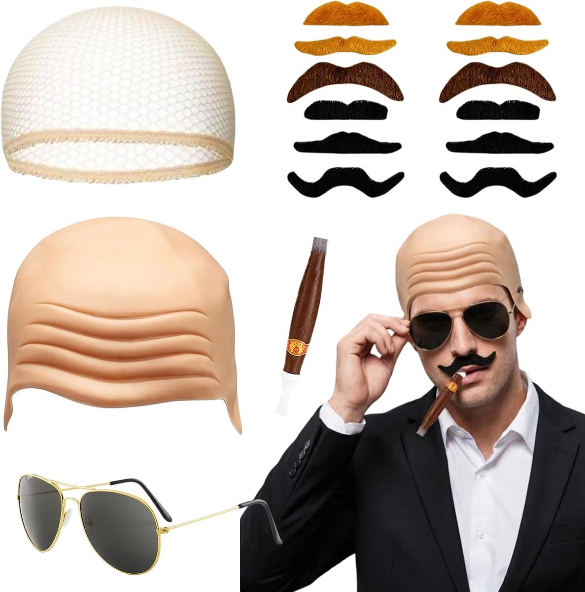 kaal masker, latex kale pet, elastisch haarnet, koele zonneogen, 5 stuks, nepbaard, feestkostuum, voor heren, carnaval, Halloween, kostuumaccessoires (sigaar)
