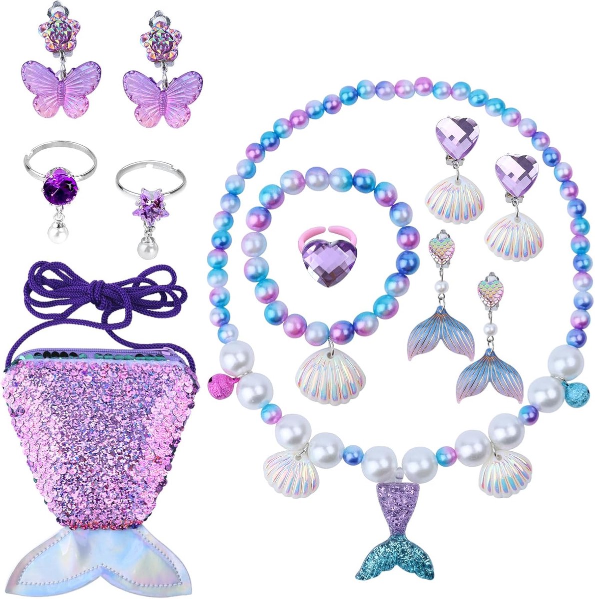 Set van 12 stuks zeemeermin juwelen voor meisjes, met halsketting, armband, ringen, oorbellen en zeemeerminnenstaart, voor verjaardagen en feesten, 20 x 16 x 2,3 cm / 7,87 x 6,3 x 0,91 inch, 12