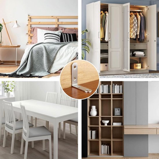 Set van 8 metalen hoeken, 50 × 50 mm, bevestigingshoek, 90 graden, roestvrijstalen hoek met 32 schroeven, kleine metalen hoek voor bevestiging van houten meubels — afbeelding 5