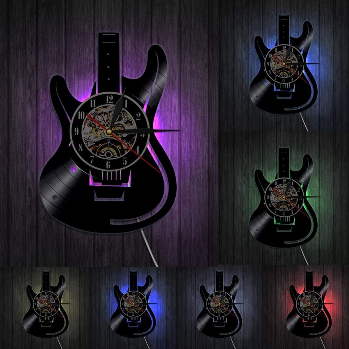Omgoods - Vinyl Wandklok met Gitaar Thema en LED Nachtlicht
