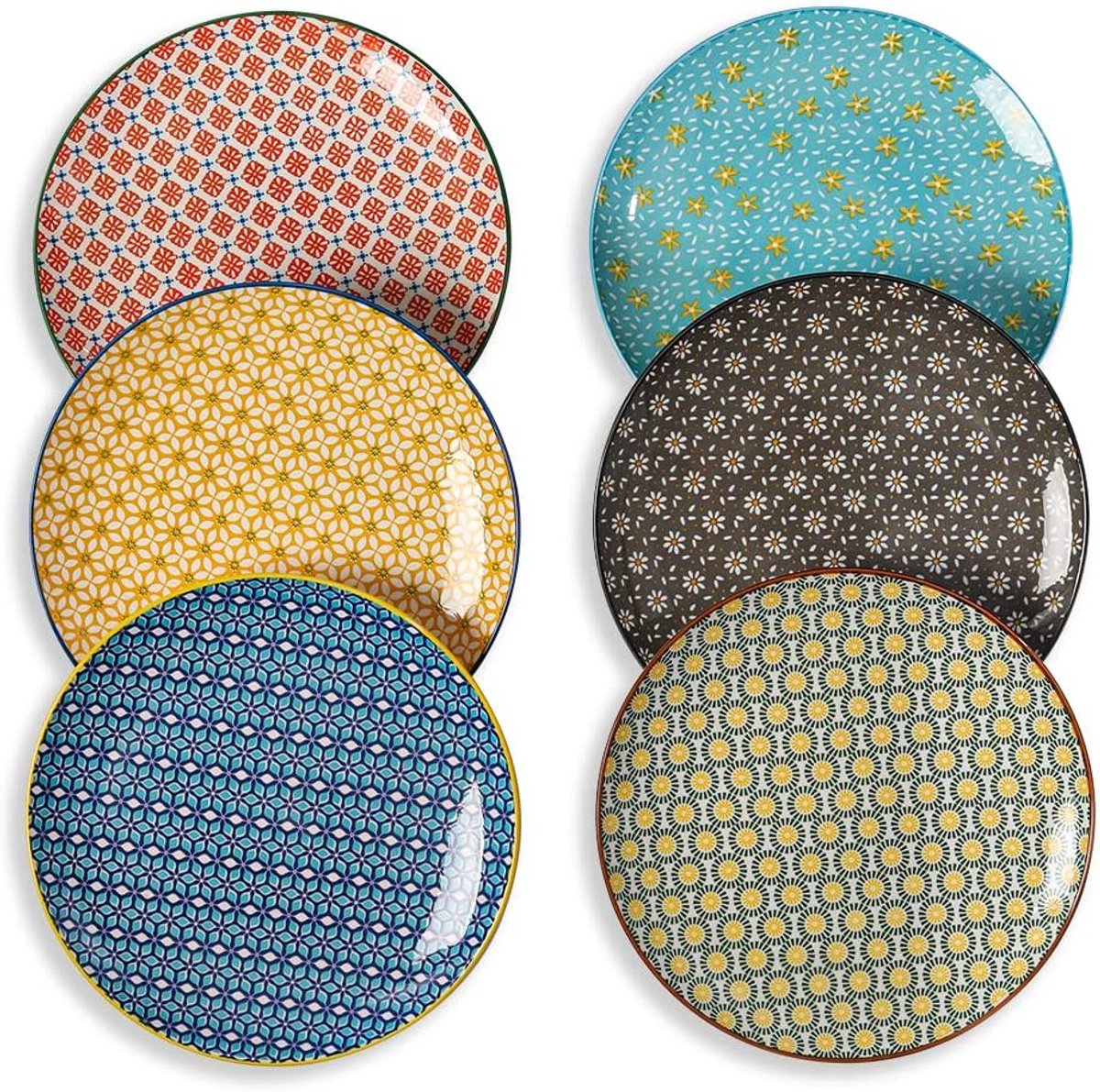 Dinerborden set - 25,5 cm groot rond bord voor salade, pasta, biefstuk - kleurrijke vintage boerderijstijl - magnetron- en vaatwasmachinebestendig - 6 stuks