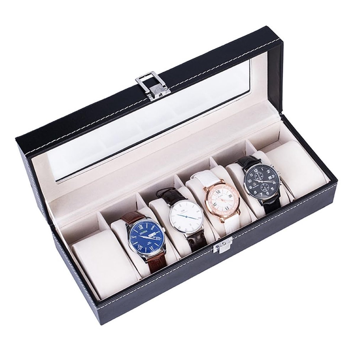Omgoods - 6 Compartimenten Horloge Organizer - Luxe Zwarte Horlogebox voor Sieraden