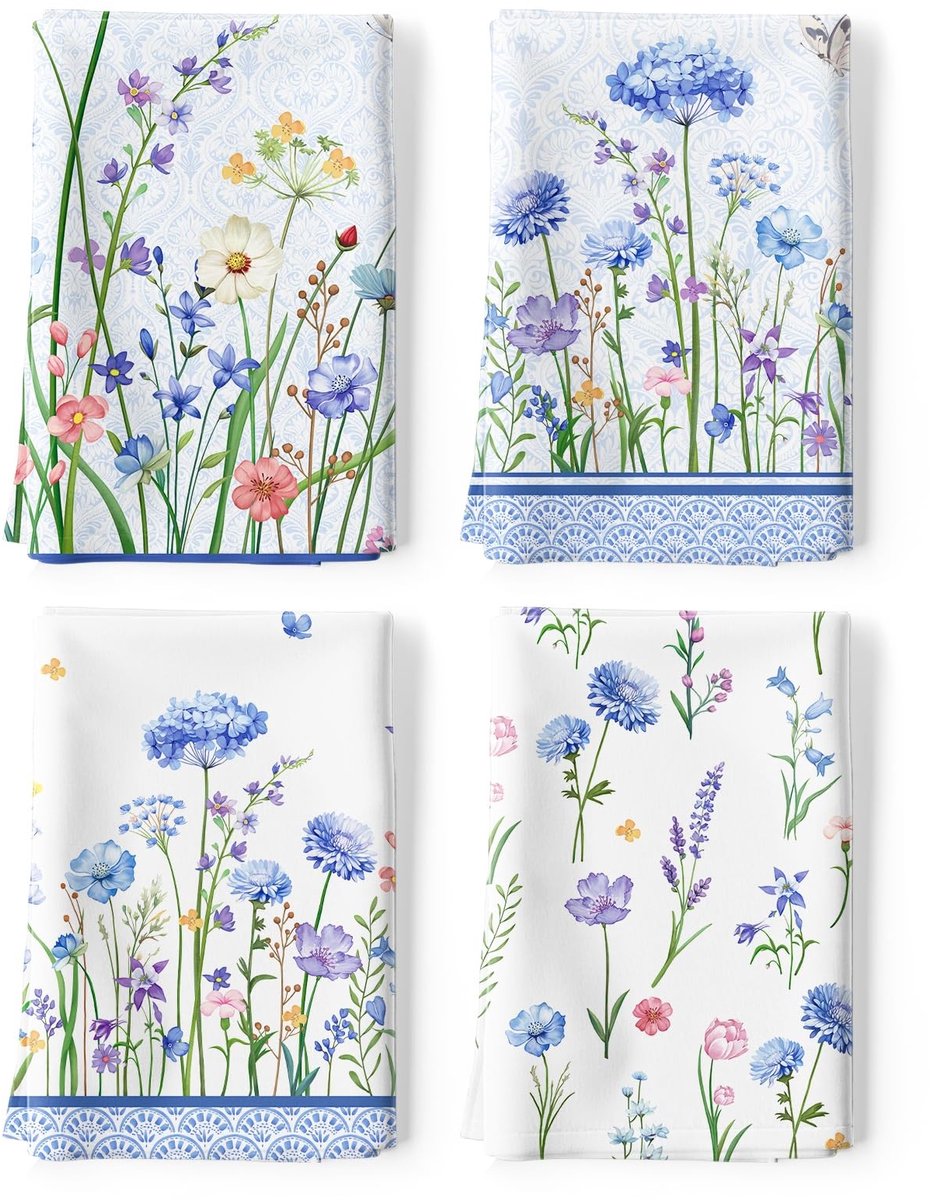 Omgoods - Set van 4 Keukenhanddoeken met Blauwe Bloemen, 100% Katoen
