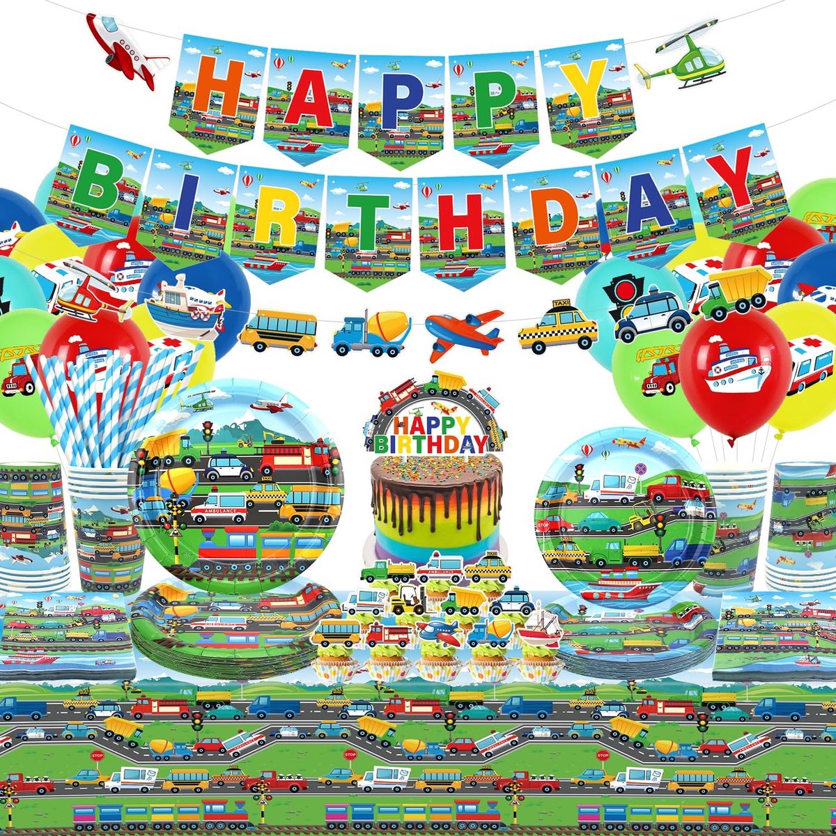 Omgoods - Transport Verjaardagsfeest Decoratieset - Borden, Servetten, Ballonnen en Banner