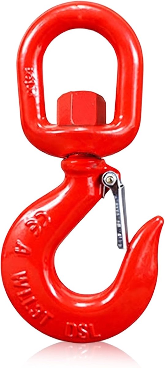 Laadhaak met draaibaar oogje, draaibare kraanhaak, 2T gelegeerd staal, kettinghaak, wervellasthaak met vergrendeling, rood gelakt, oogbelastinghaak voor hefindustrie, bosbouwketting, scheepvaart