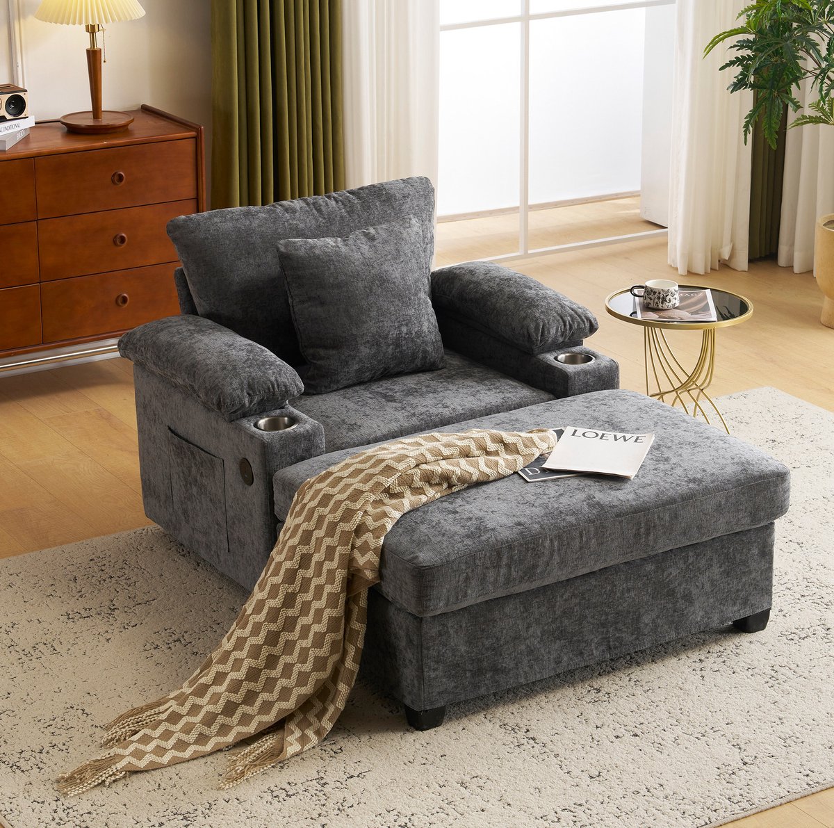 FloraGrace Chaise Longue 1-Zits - Met Beugelarmen, Bekerhouders & USB Oplaadfunctie - Voor Woonkamer of Kantoor - Chenille - Donkergrijs