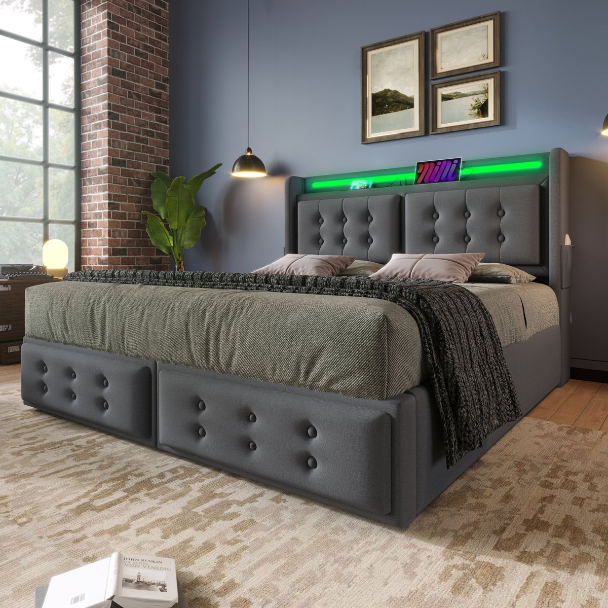 MIVRAY Gestoffeerd Bed 180x200 cm - Tweepersoonsbed Met Opbergruimte En Ledverlichting - Met Hoofdbord En Laadfunctie - Stof - Grijs