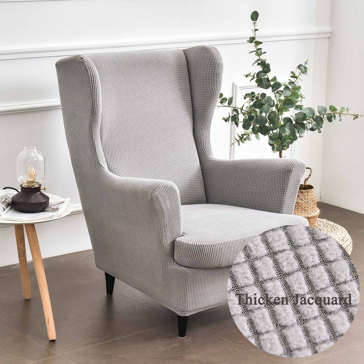 Omgoods - 2 Delige Stretch Wing Chair Covers - Modieuze Velours Armstoel Bescherming (Grijs)
