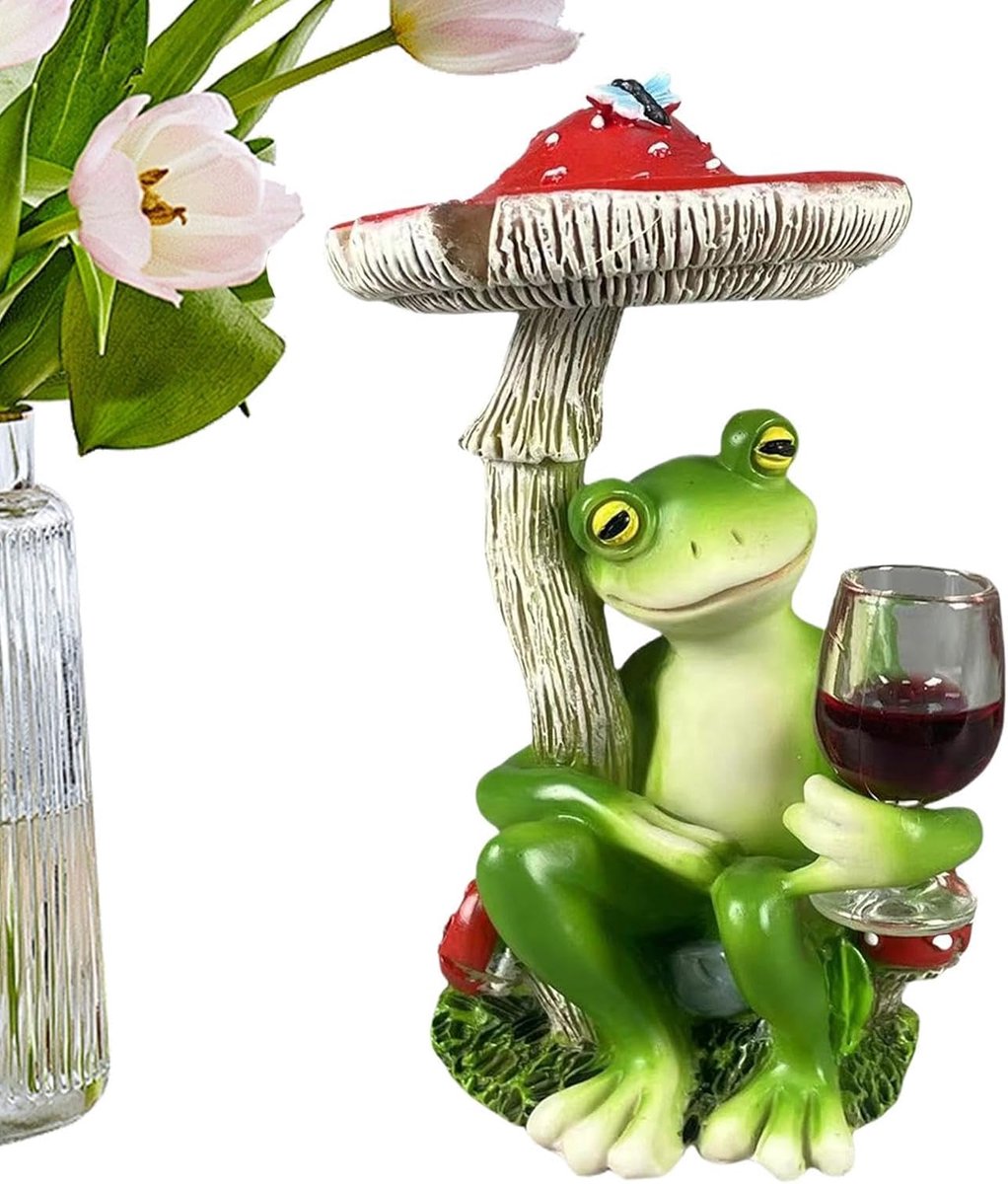 Resin Tuindecoratie - Tuinbeeld - Kikker Tuinbeeld met Paddenstoel - Voor tuinen, terrassen, achtertuinen en voortuinen - 11× 5 cm