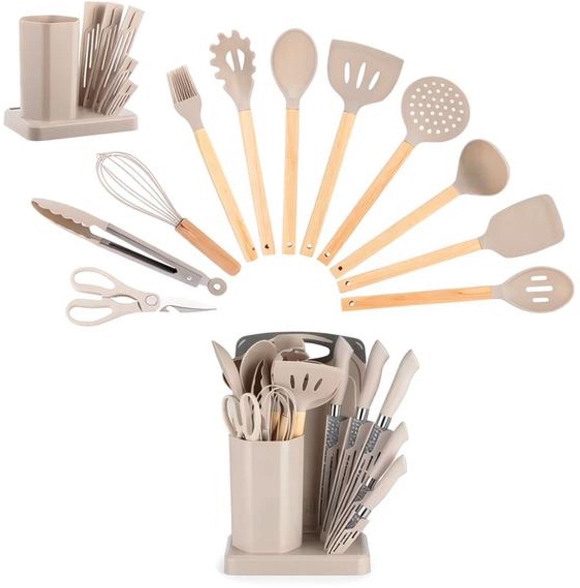 23-delige Keukenmes Set met Ventilatorvormig Blok - Inclusief Chef's Mes, Vleesmes, Broodmes, Utility Mes en Fruitmes - Roestvrijstalen Bladen, Anti-Slip Handvatten - Duurzaam, Makkelijk Schoon te Maken-Khaki.