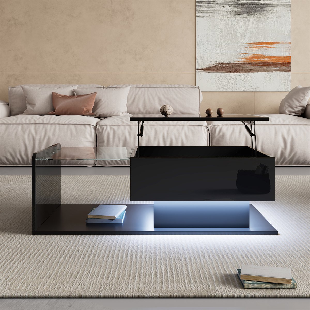 Glanzende salontafel - bijzettafel - met glasplaat en LED-verlichting - zwart