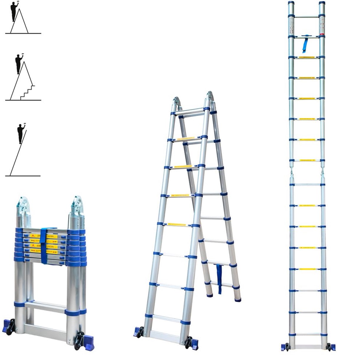 SnelShoppen - Telescopische ladder 5 m, scharnier, 2 x 8 treden, opvouwbaar, professioneel, multifunctioneel, maximale werkhoogte 5,9 m, ideaal voor k