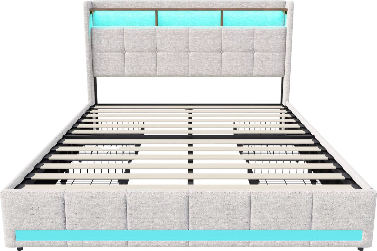 Gestoffeerd Tweepersoonsbed 180x200 cm Beige - met LED Verlichting, Opbergruimte