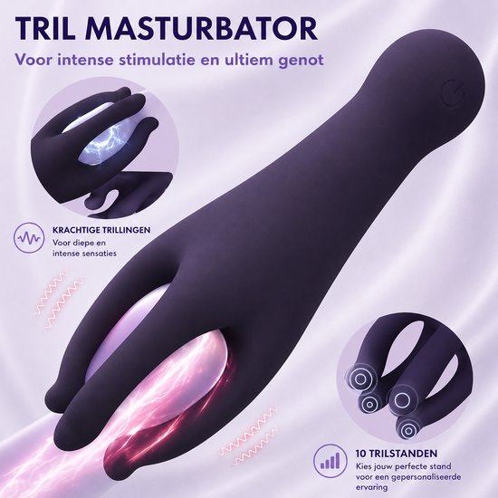 Donkerpaarse vibrator in handvorm met tekst over trillingen en 10 standen. "TRIL MASTURBATOR"