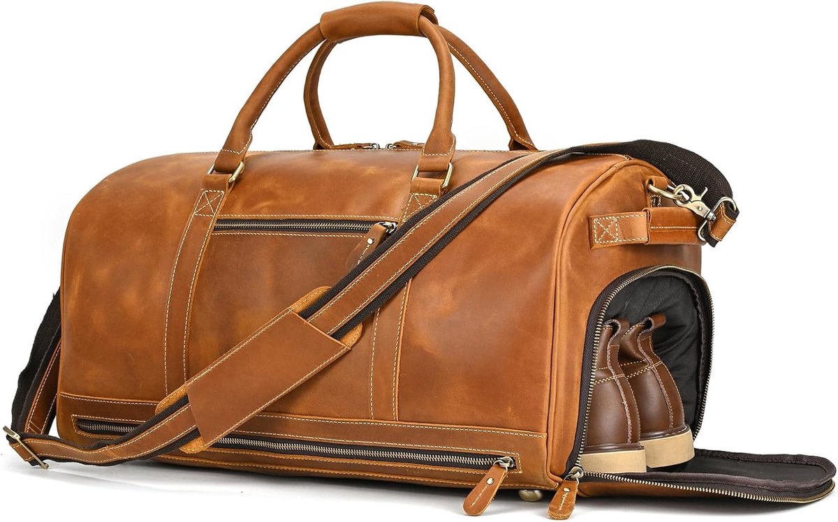 SnelShoppen - Vintage Leren Weekendtas, Lichtbruine Reisbagage voor Handbagage, Echt Koeleder, 54x31x26 cm, Sport- en Reistas voor Korte Weekenden