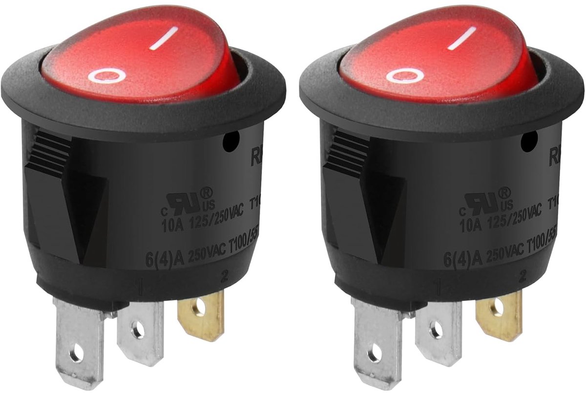 Schakelaar, SPST, 3-polig, 10 A, 250 V (AC), rood oplichtend, 2 stuks