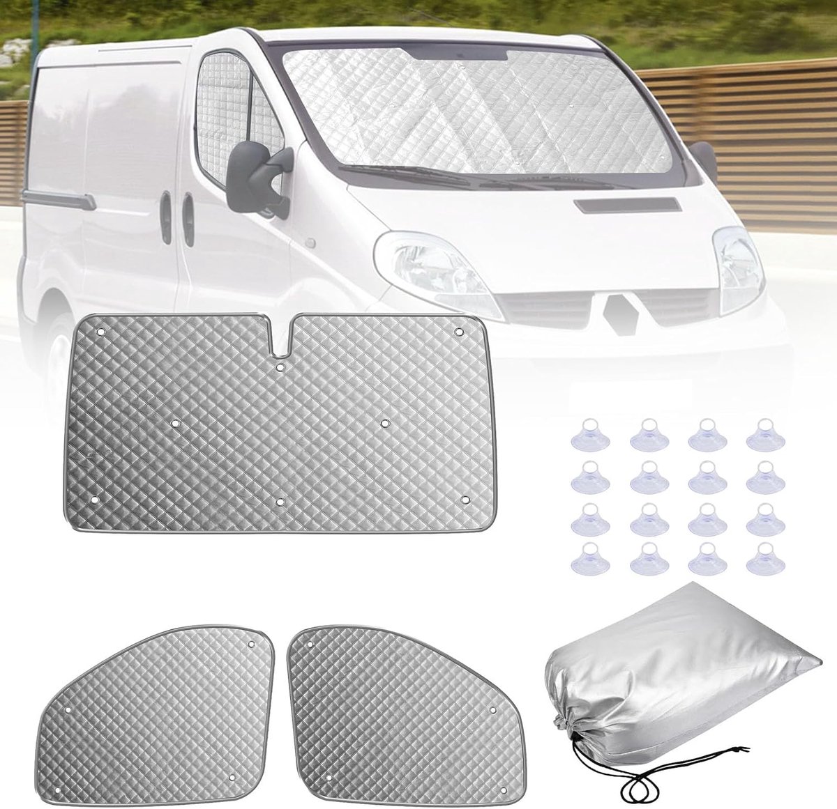 SnelShoppen - Thermo Matten Set voor Renault Trafic en Opel Vivaro 2001-2014, Luxe Zonnescherm voor Voorruit en Zijruiten, 3-Delige Bescherming met Zu