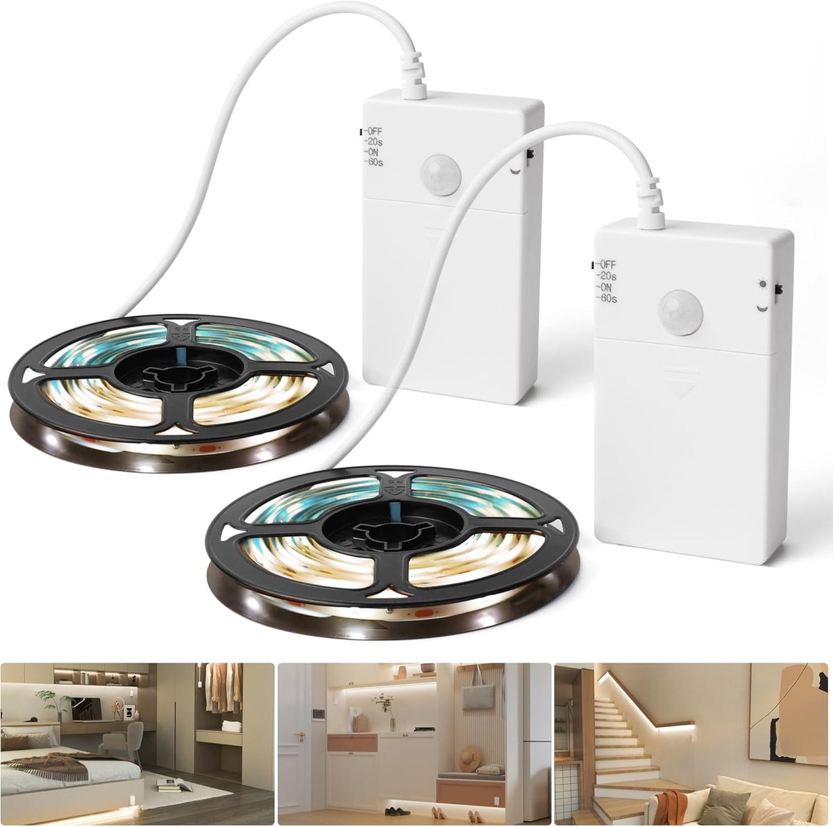 Ledstrips op maat te snijden met sensor overdag en nacht beweging, ledstrip, werkt op batterijen, 3 verlichtingsmodi voor keuken, kast, hal, trap, warmwit