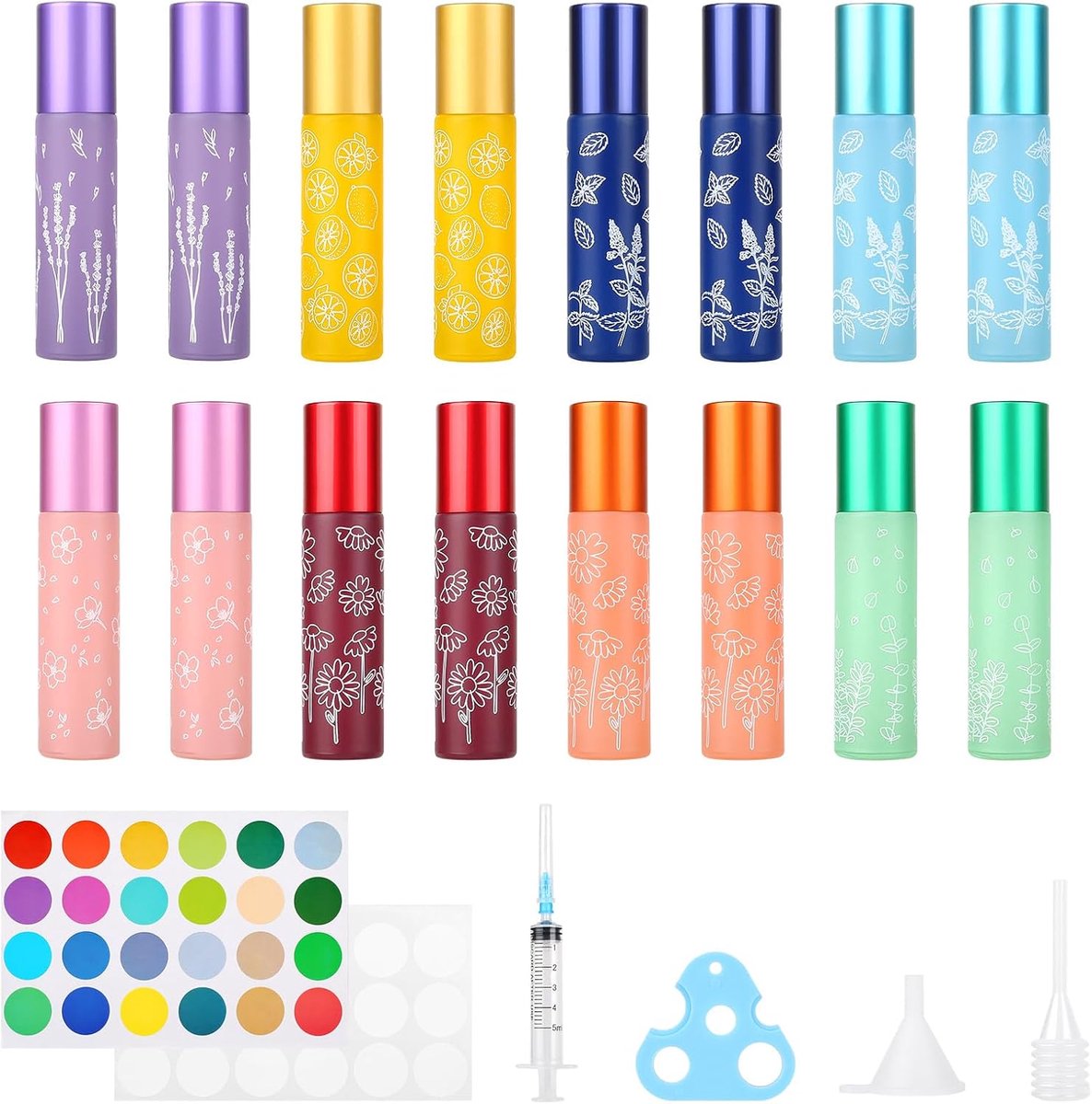 16 Stuks 10ml Multicolor Roll-On Etherische Oliën, Glazen Flessen, Roll on Glazen Flessen voor Etherische Olie, met Roestvrijstalen Rollerballen, Stickers voor Parfum, Etherische Olie