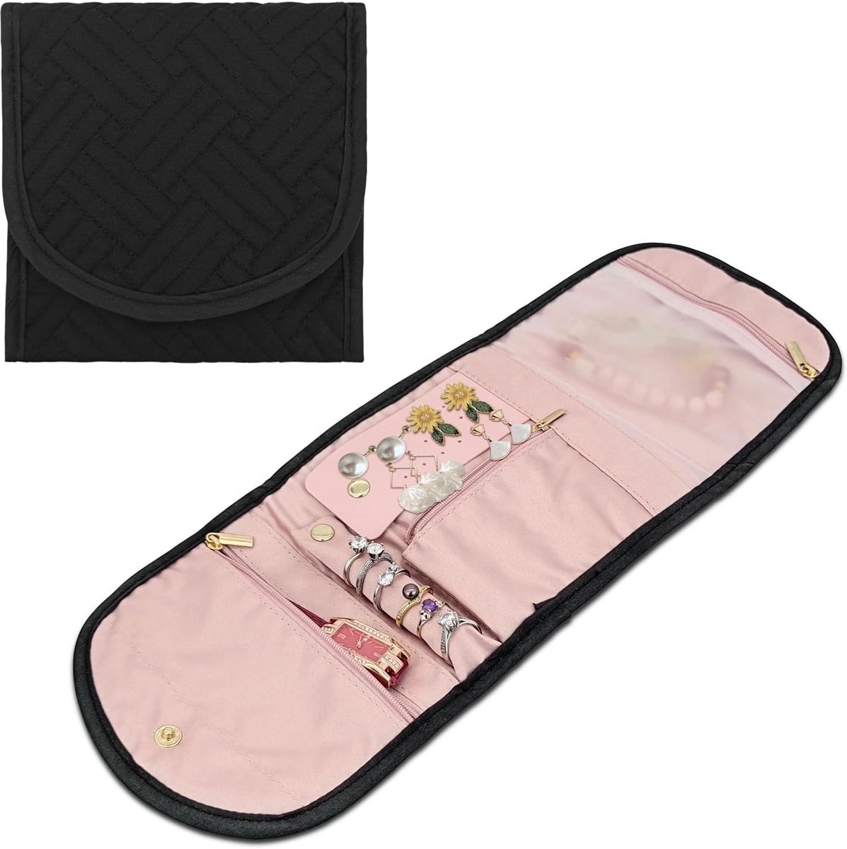 Organizer voor op reis, opvouwbare tas voor ringen, oorbellen, horloges, halskettingen en armbanden (zwart)
