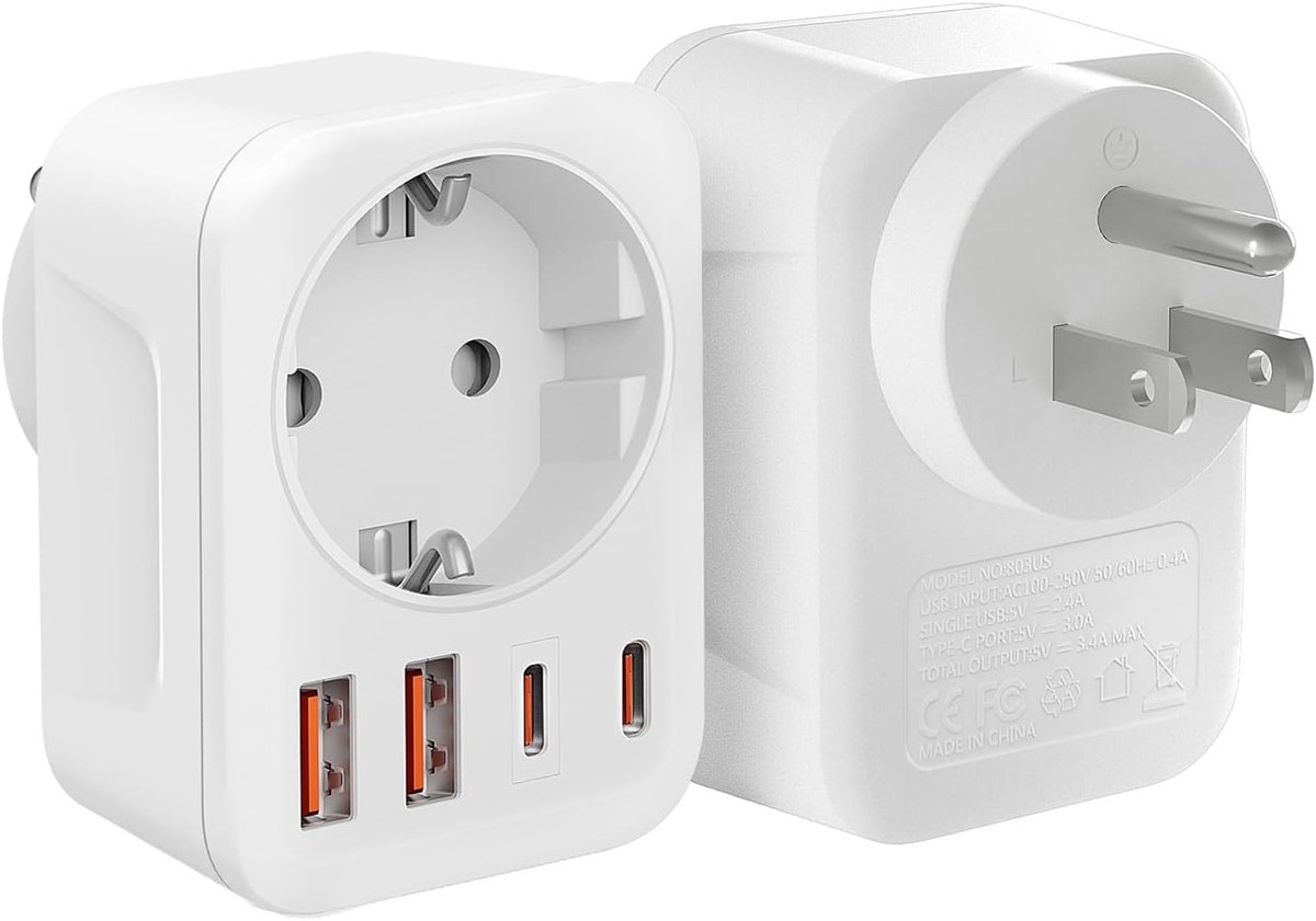 5-in-1 Amerikaanse Adapter Met 2 USB-A en 2 USB-C voor USA, Canada, Mexico, Thailand (Type B Stekker)